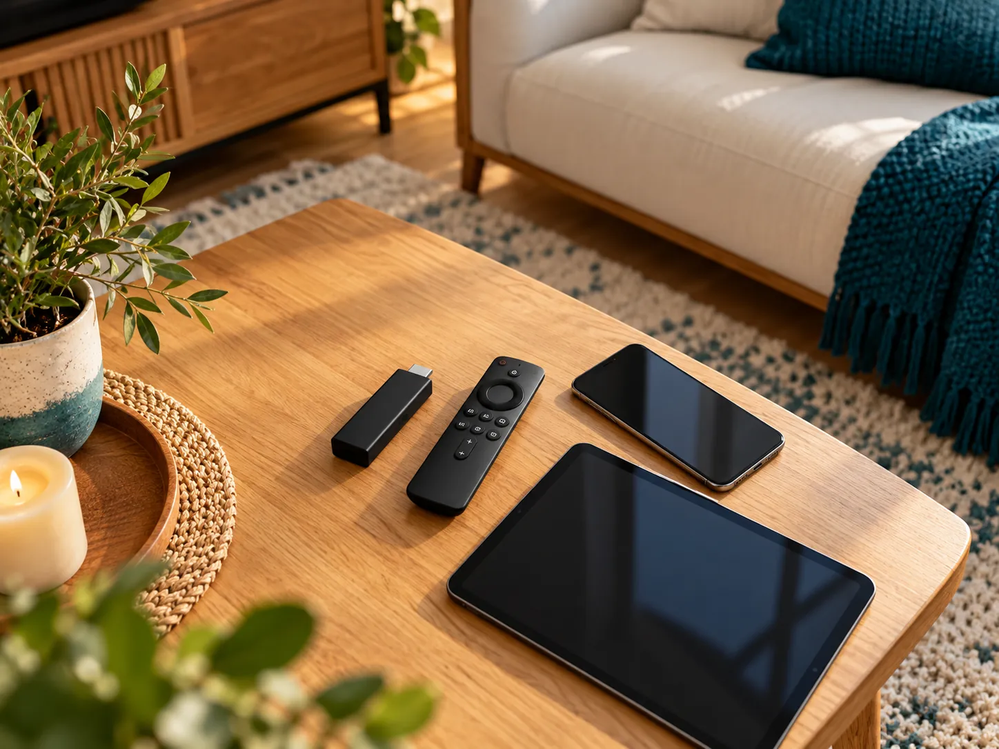 Clé de streaming, télécommande, smartphone et tablette posés sur une table basse