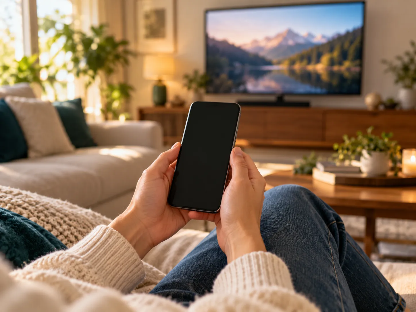Smartphone tenu en main devant un téléviseur dans un salon