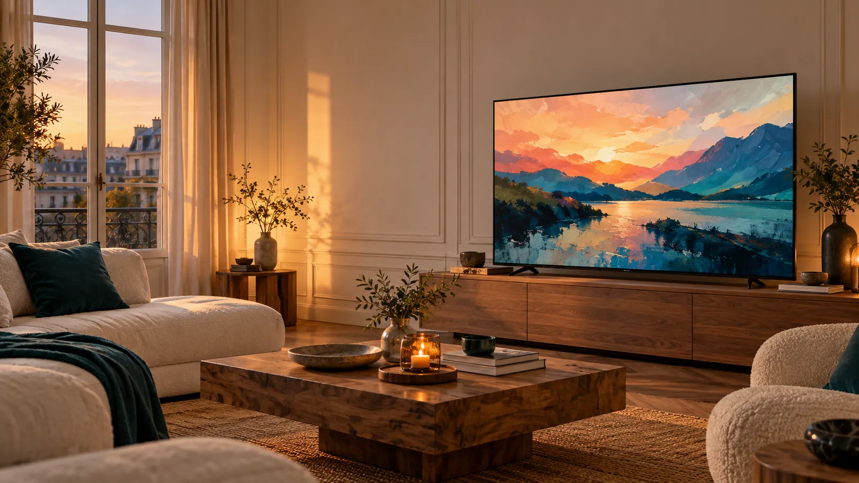 Salon chaleureux au coucher du soleil avec un grand téléviseur affichant un paysage de montagne